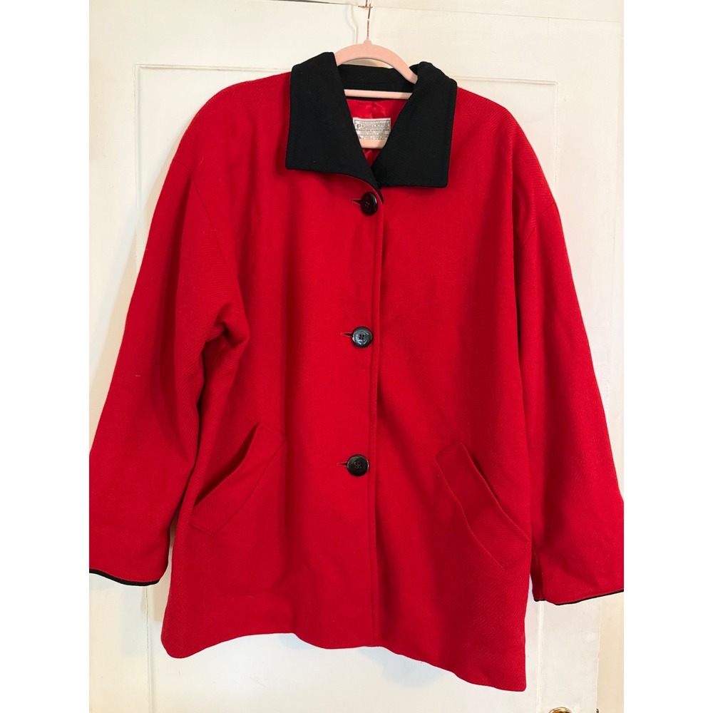 Pendleton Vintage Red Virgin Wool Jacket Black Collar Car Coat Made in USA XL